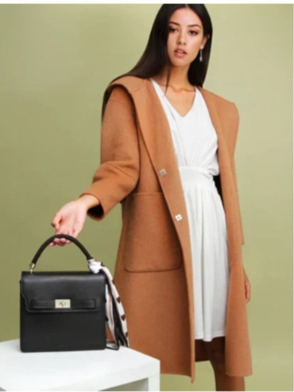 Belle & Bloom Hooded Wool Blend Coat Camel Brown Oversized Long Jacket AU Style